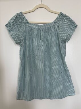 ANN MASHBURN Bridget Top: White & Blue/Green Striped Poplin (looks turquoise)